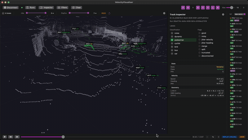 LiDAR point cloud visualiser showing tracked road users with bounding boxes and motion trails